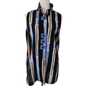 John Mark Sleeveless Button-front Tunic Top Stand Collar Sz L Artsy Lagenlook